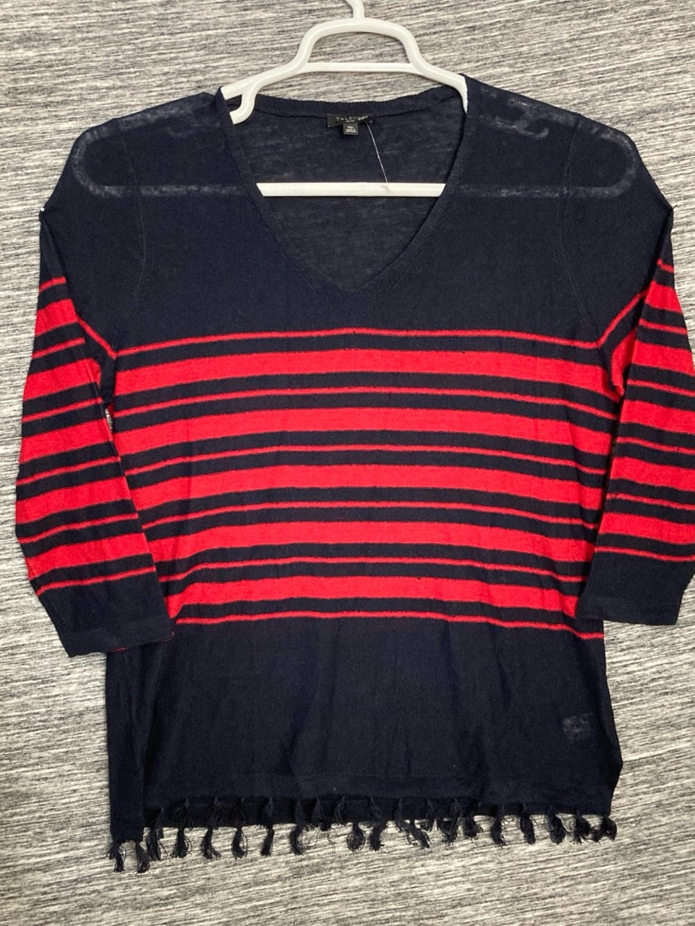 Talbots Navy & Red Striped V-Neck Lightweight Sweater with Fringe